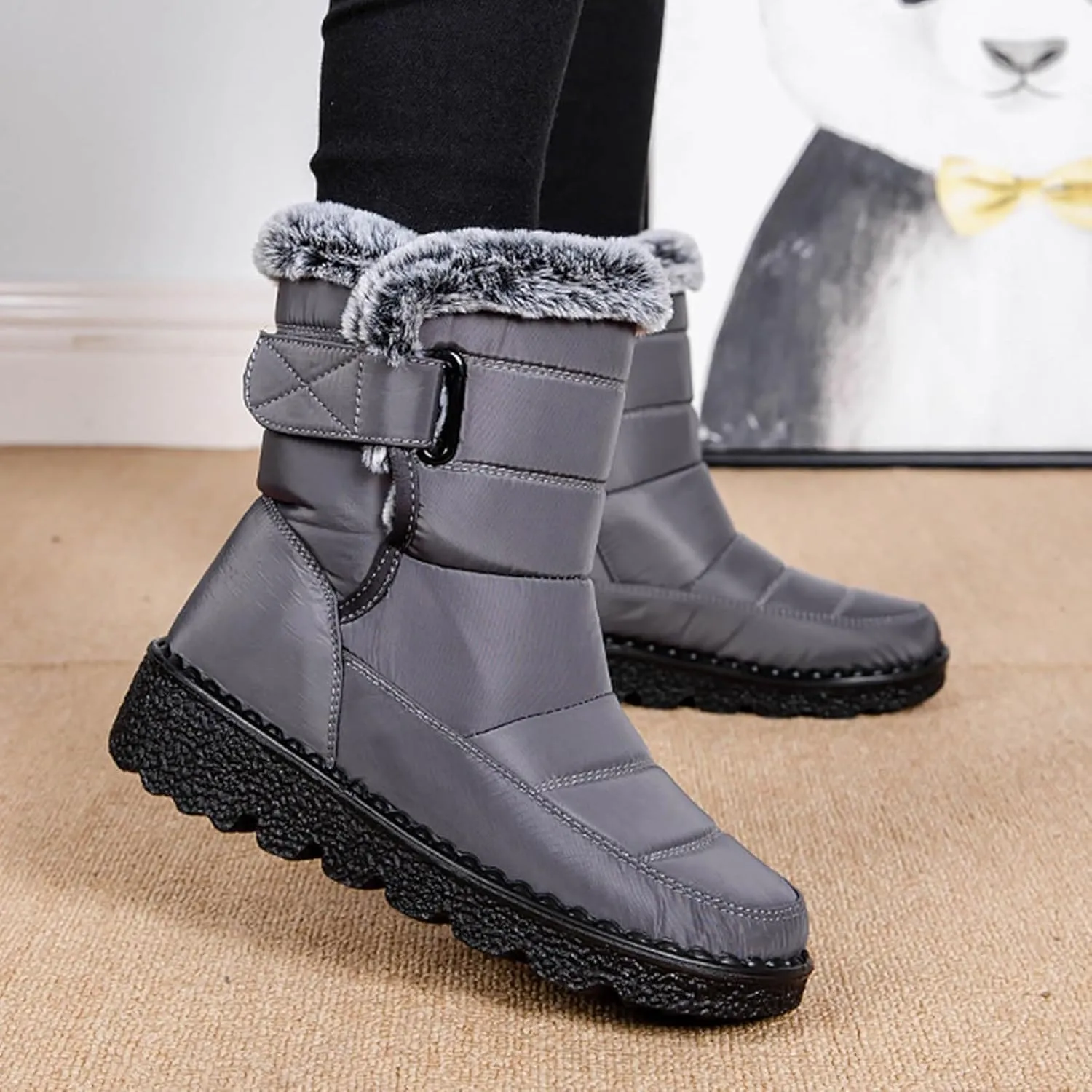 Womens Winter Snow Boots Men Couple Warm Fur Lined Booties Non Slip Waterproof Flat Hook Loop Snow Boots