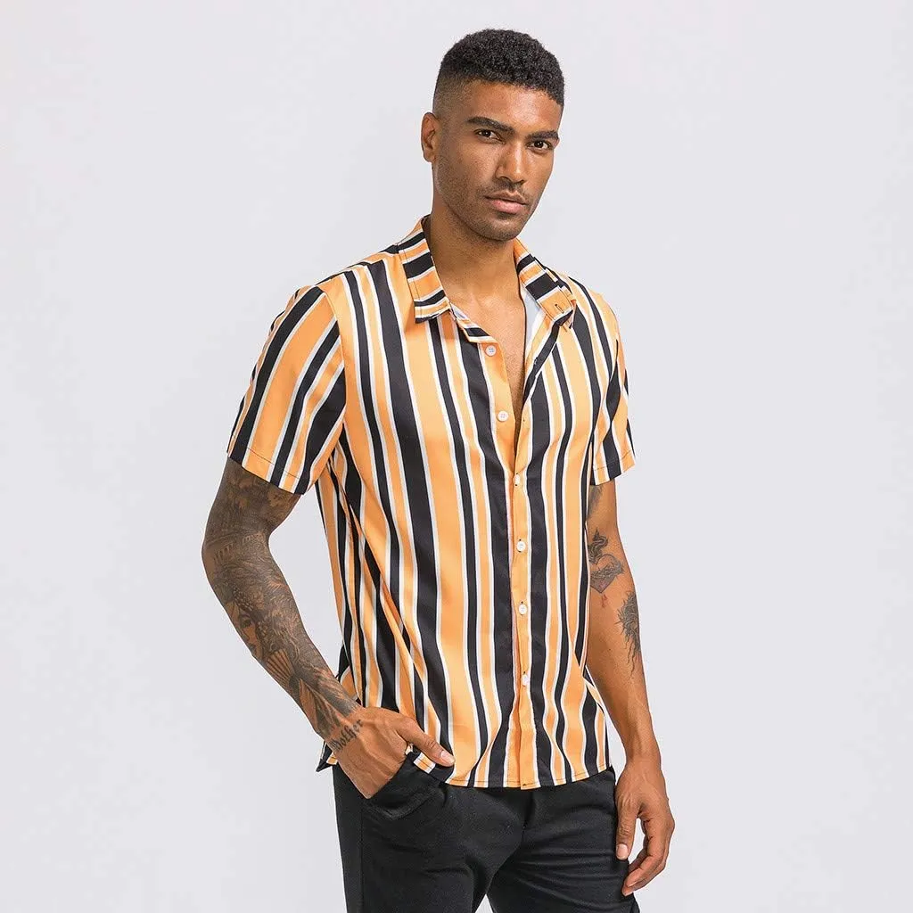 WUAI-Men Fashion Hippie Shirts Short Sleeve Casual Vertical Striped Button Down Poplin Shirts