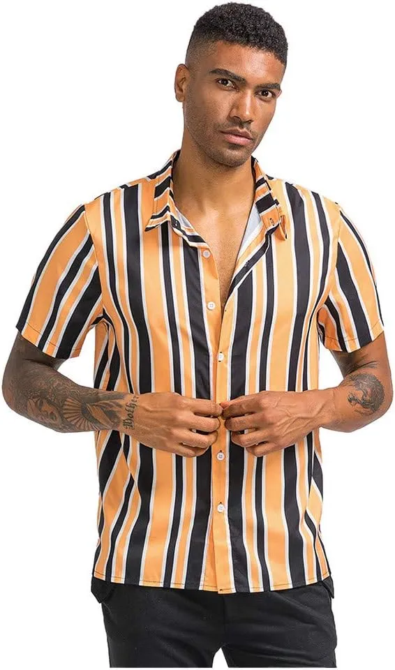 WUAI-Men Fashion Hippie Shirts Short Sleeve Casual Vertical Striped Button Down Poplin Shirts