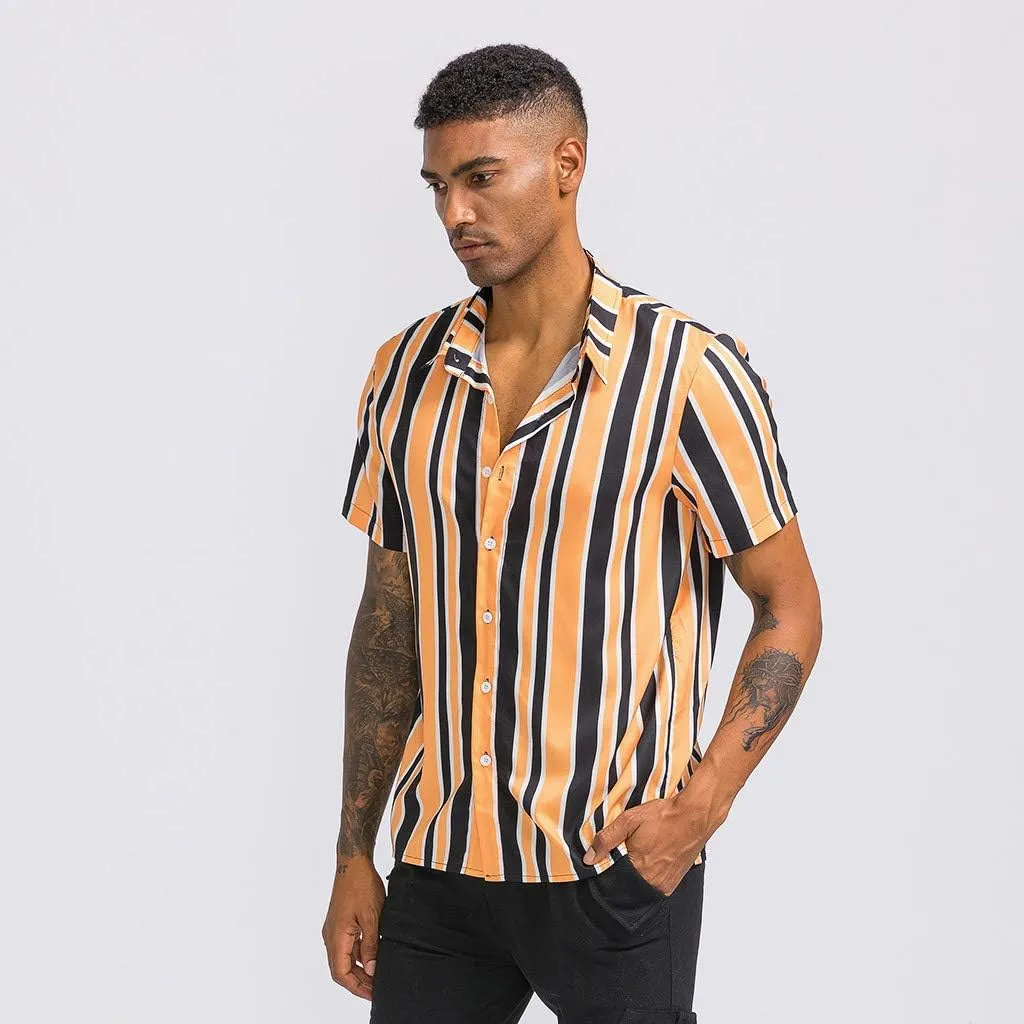 WUAI-Men Fashion Hippie Shirts Short Sleeve Casual Vertical Striped Button Down Poplin Shirts