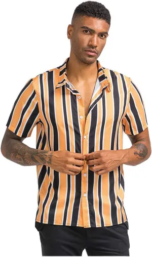 WUAI-Men Fashion Hippie Shirts Short Sleeve Casual Vertical Striped Button Down Poplin Shirts