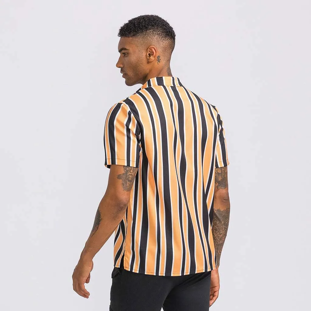 WUAI-Men Fashion Hippie Shirts Short Sleeve Casual Vertical Striped Button Down Poplin Shirts
