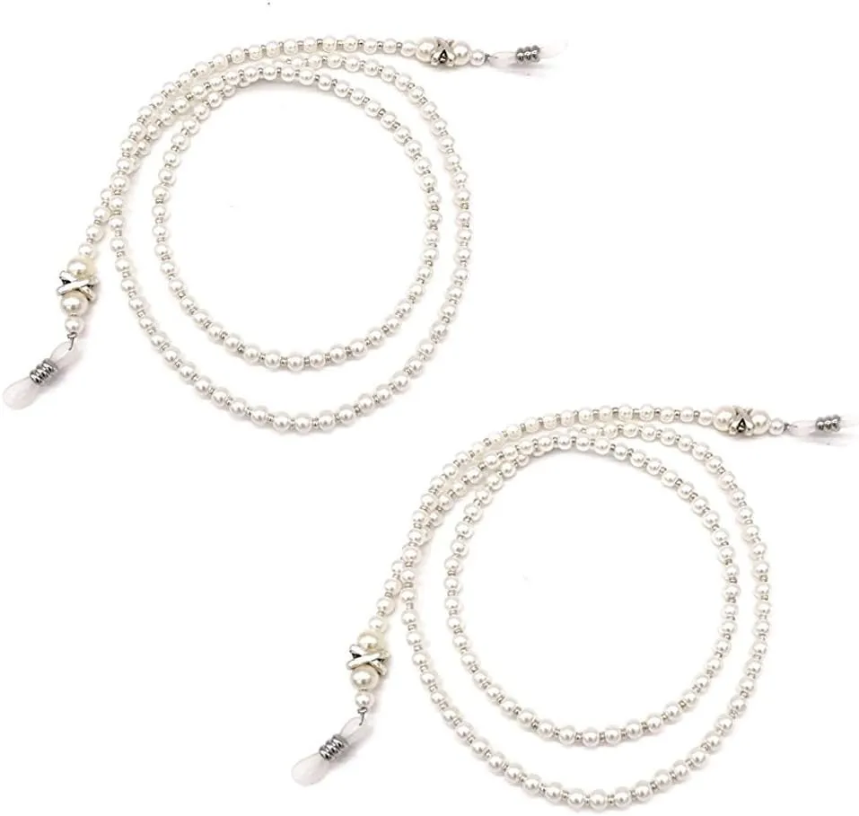 YAKEFJ Women's Pearl Beaded Eyeglasses Chain Sunglasses Holder Strap Lanyard Necklace Glasses Retainer Pack of 2