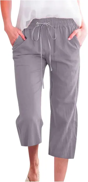 yardsong Plus Size Capris for Women Cotton Linen Blend Summer Casual Capri Pants Drawstring Elastic Waist Cropped Pants