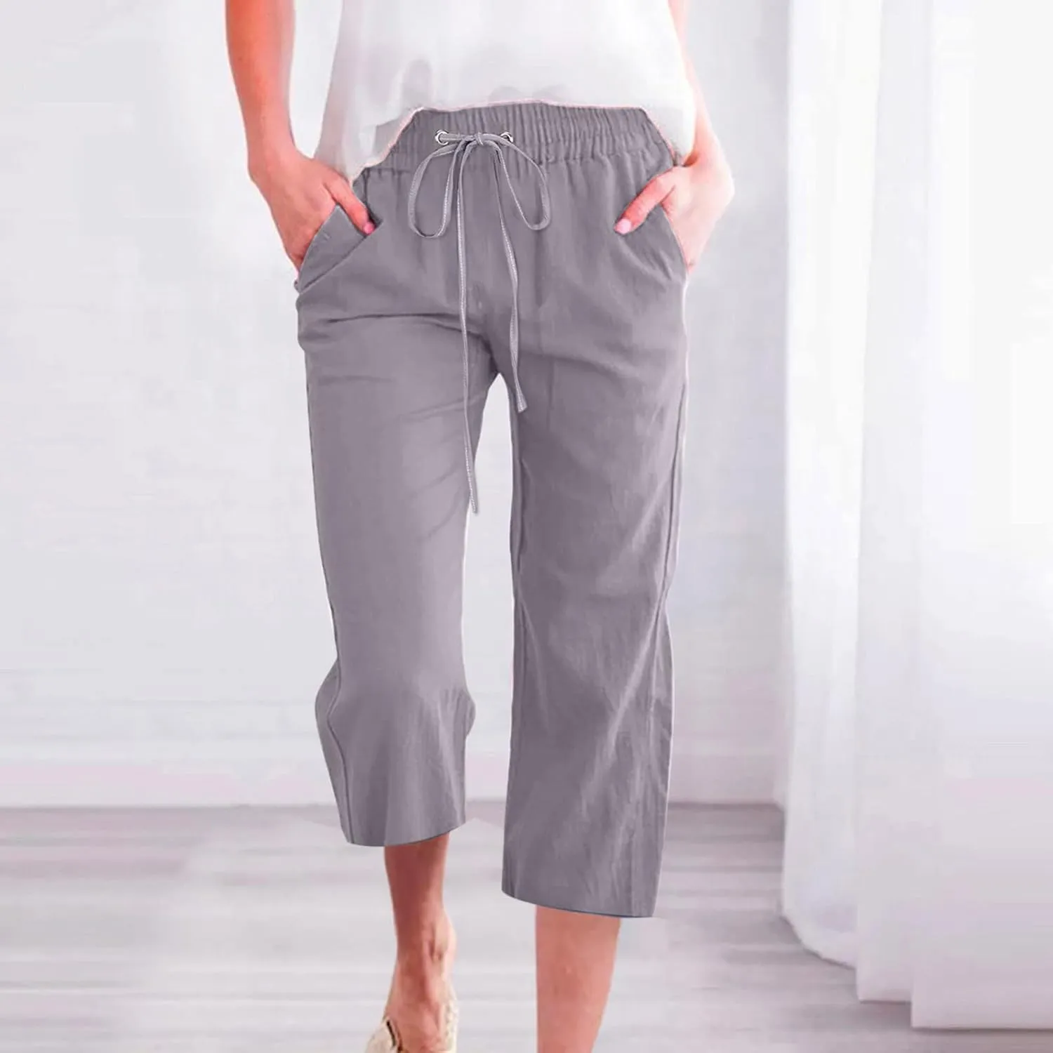 yardsong Plus Size Capris for Women Cotton Linen Blend Summer Casual Capri Pants Drawstring Elastic Waist Cropped Pants