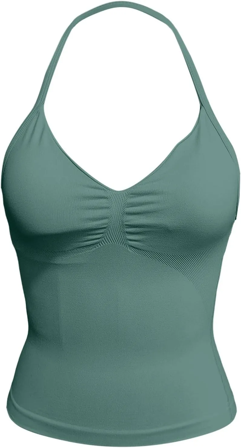 Yoga Tops for Women Built in Bra Summer Halter Backless V Neck Shelf Bra Camis Yoga Shirts Gym Workout Tops Undershirt