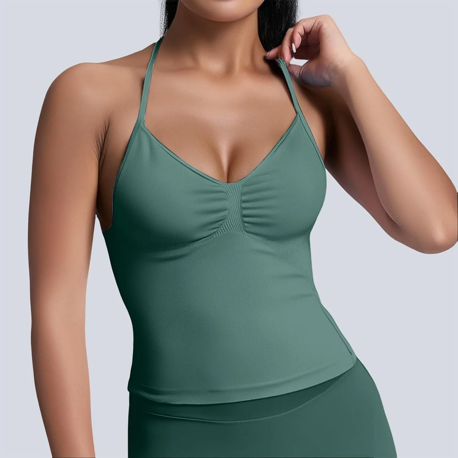 Yoga Tops for Women Built in Bra Summer Halter Backless V Neck Shelf Bra Camis Yoga Shirts Gym Workout Tops Undershirt