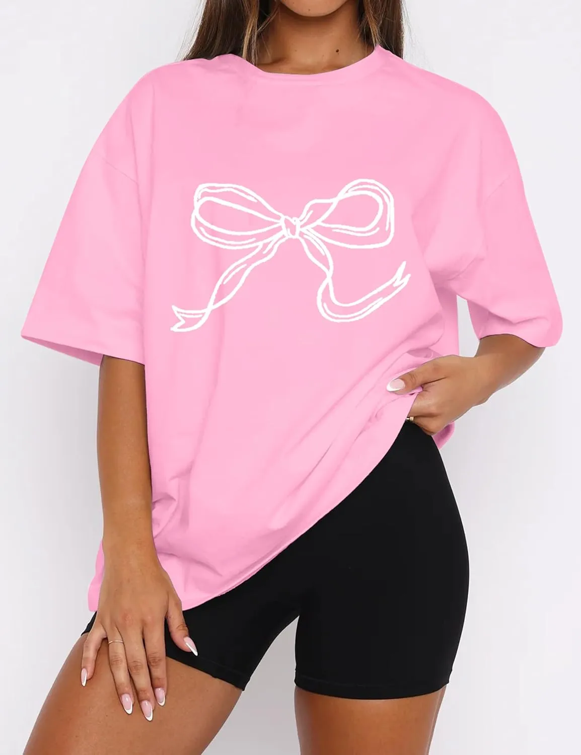 Ythomm Womens Bow Graphic Oversized T-Shirts Short Sleeve Crewneck Summer Basic Tees Going Out Tops Casual Loose Fit Blouse