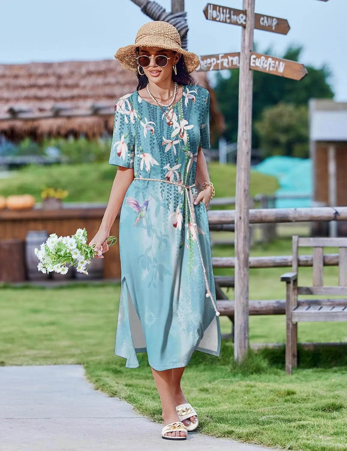 Zeagoo 2025 Vacation Dress Women Floral Summer Dress Casual Beach Dress Printed T Shirt Dress Split Long Dress Travel