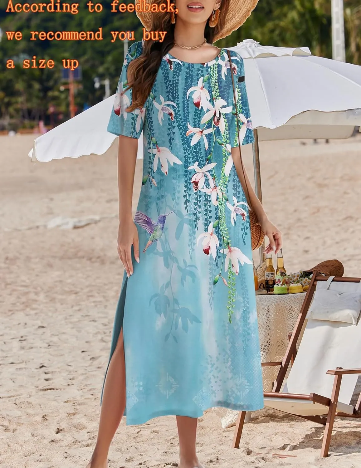 Zeagoo 2025 Vacation Dress Women Floral Summer Dress Casual Beach Dress Printed T Shirt Dress Split Long Dress Travel