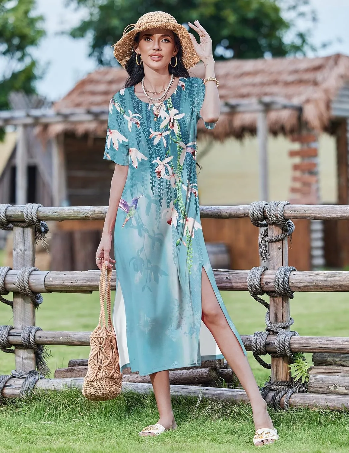 Zeagoo 2025 Vacation Dress Women Floral Summer Dress Casual Beach Dress Printed T Shirt Dress Split Long Dress Travel