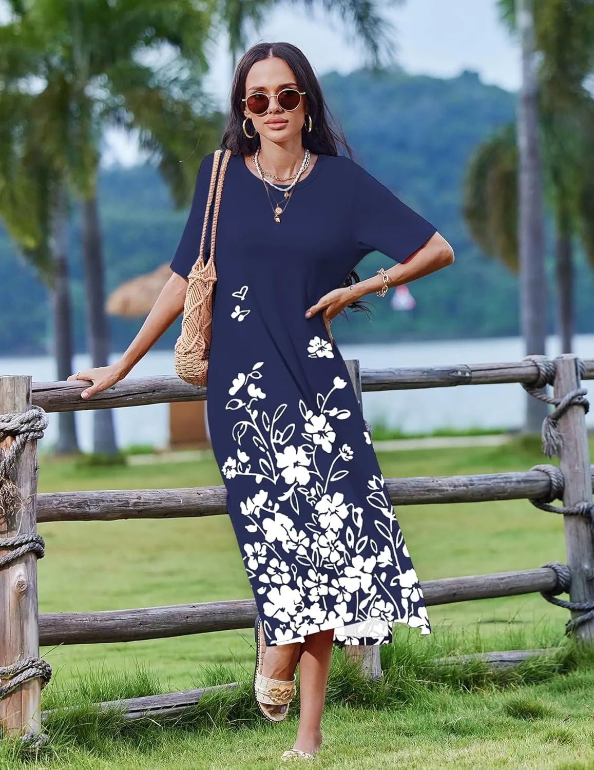 Zeagoo 2025 Vacation Dress Women Floral Summer Dress Casual Beach Dress Printed T Shirt Dress Split Long Dress Travel