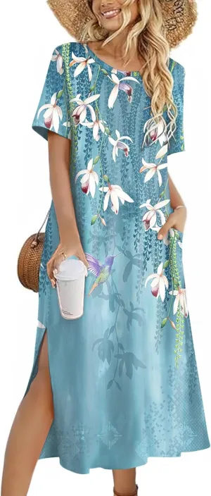 Zeagoo 2025 Vacation Dress Women Floral Summer Dress Casual Beach Dress Printed T Shirt Dress Split Long Dress Travel