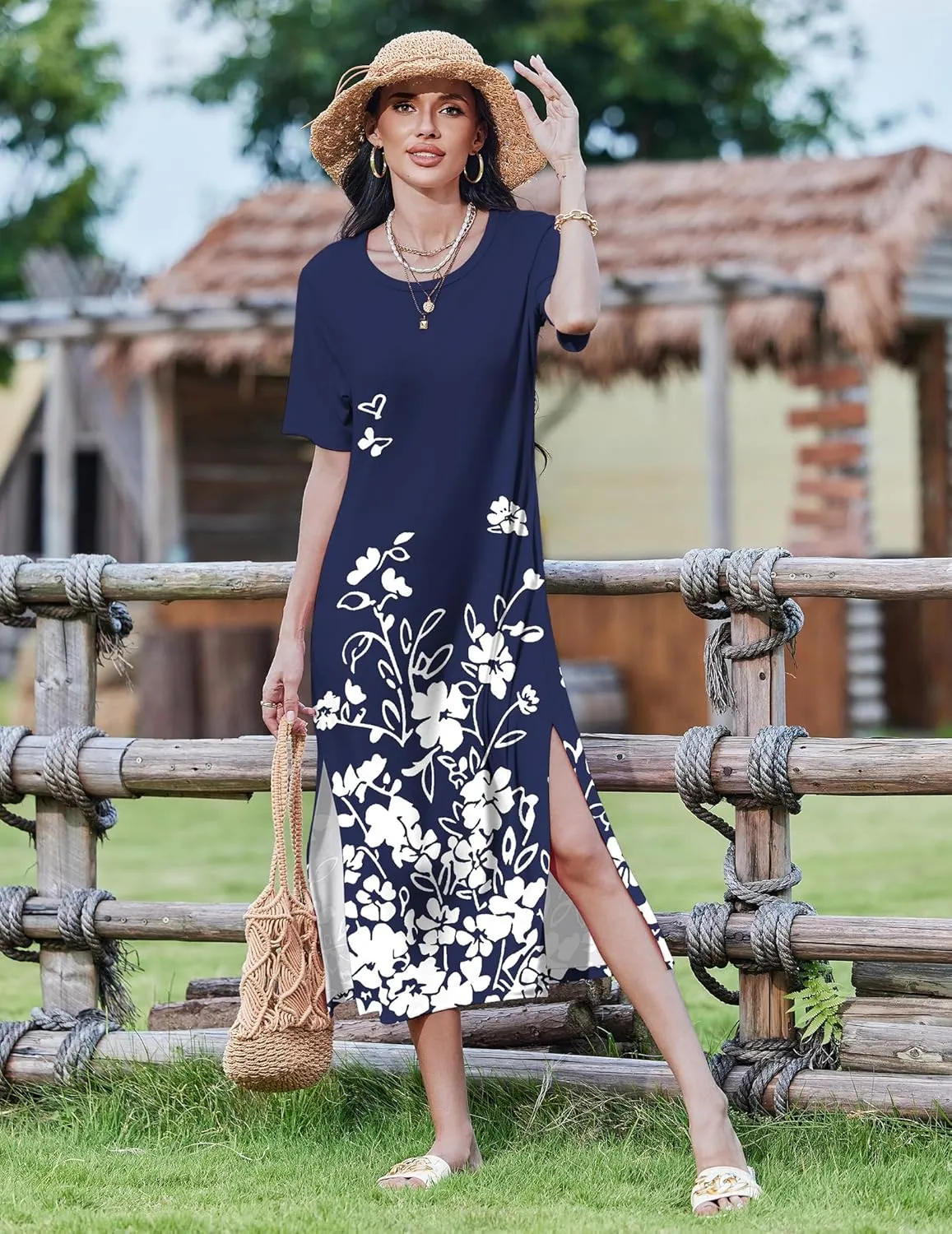 Zeagoo 2025 Vacation Dress Women Floral Summer Dress Casual Beach Dress Printed T Shirt Dress Split Long Dress Travel