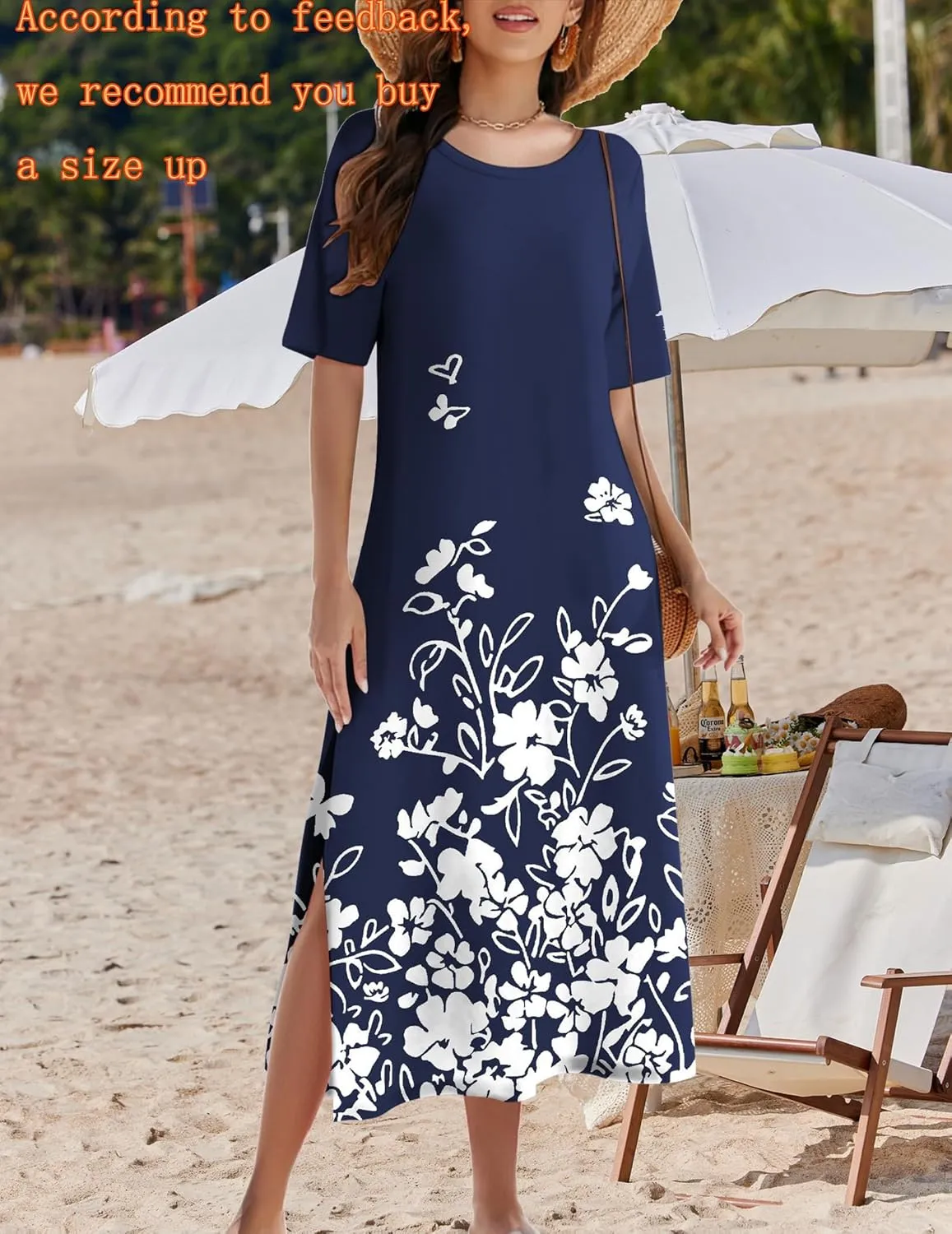 Zeagoo 2025 Vacation Dress Women Floral Summer Dress Casual Beach Dress Printed T Shirt Dress Split Long Dress Travel
