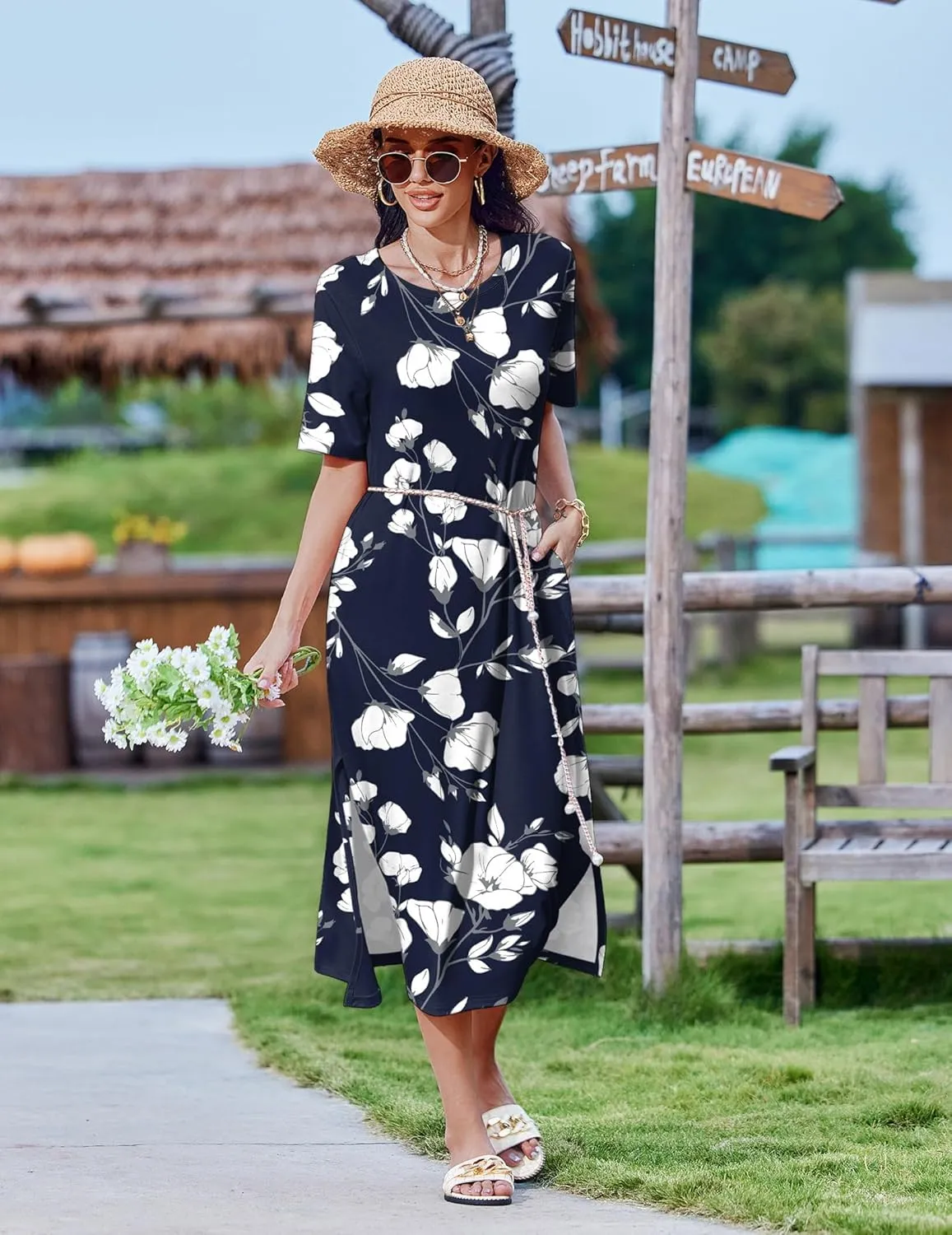 Zeagoo 2025 Vacation Dress Women Floral Summer Dress Casual Beach Dress Printed T Shirt Dress Split Long Dress Travel