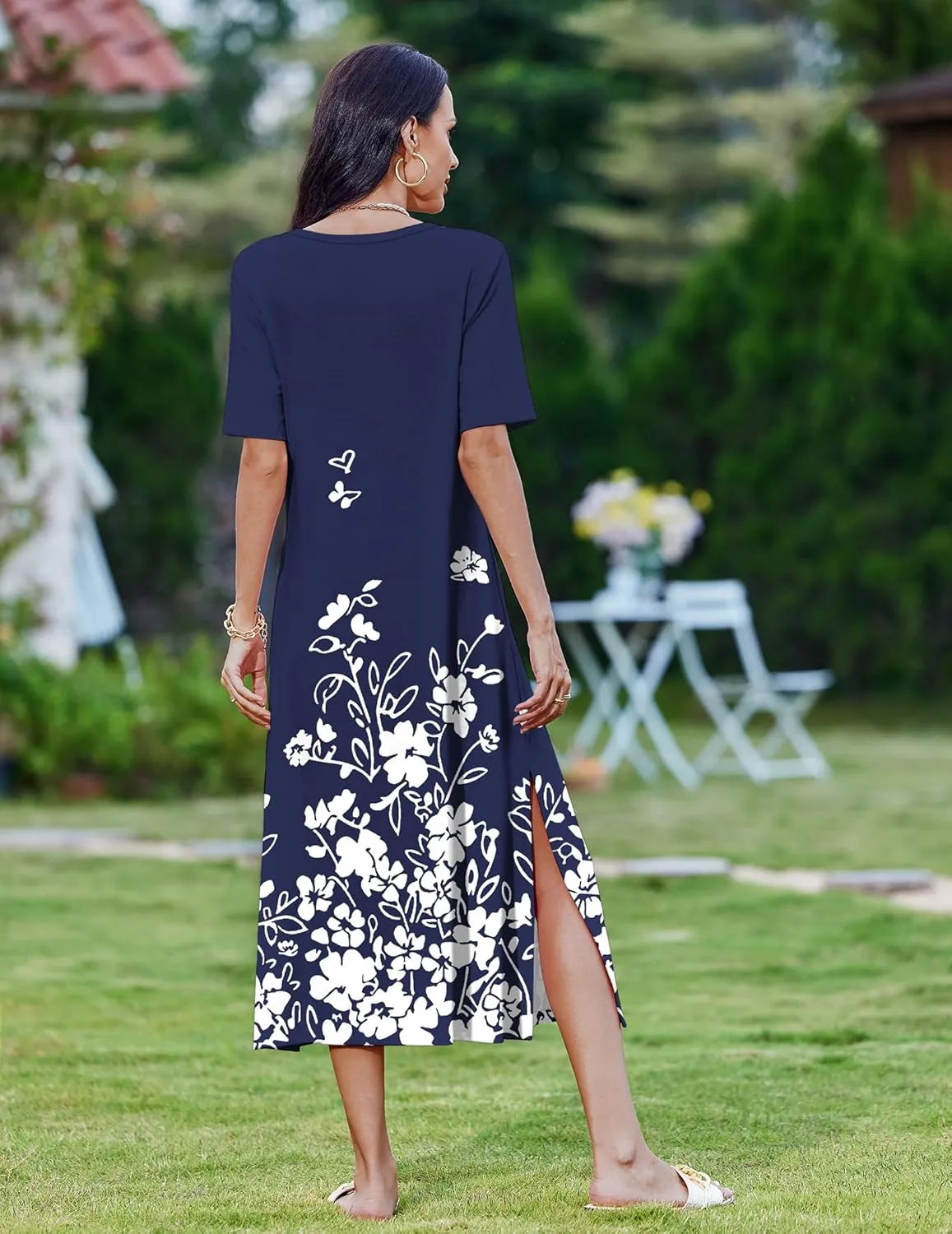 Zeagoo 2025 Vacation Dress Women Floral Summer Dress Casual Beach Dress Printed T Shirt Dress Split Long Dress Travel