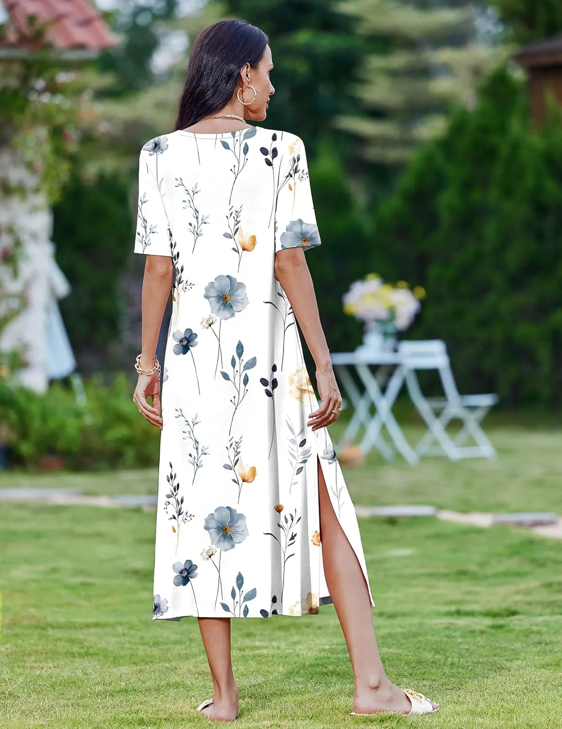 Zeagoo 2025 Vacation Dress Women Floral Summer Dress Casual Beach Dress Printed T Shirt Dress Split Long Dress Travel