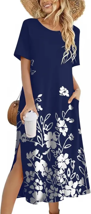 Zeagoo 2025 Vacation Dress Women Floral Summer Dress Casual Beach Dress Printed T Shirt Dress Split Long Dress Travel