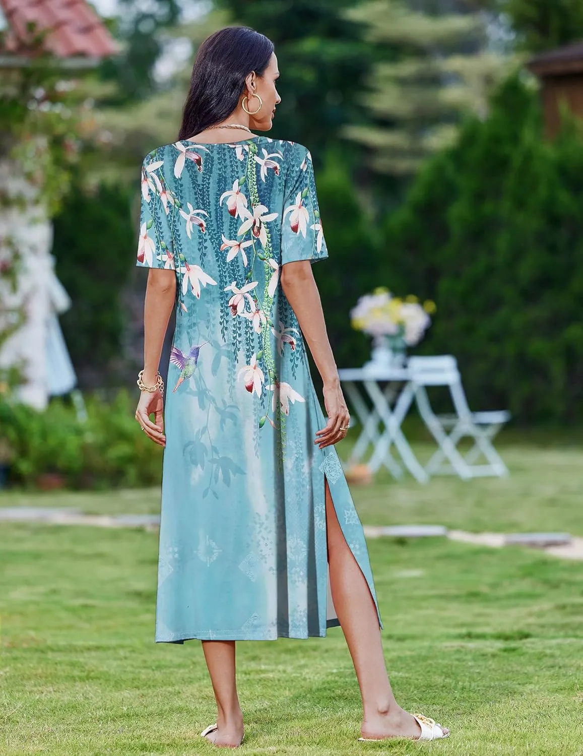 Zeagoo 2025 Vacation Dress Women Floral Summer Dress Casual Beach Dress Printed T Shirt Dress Split Long Dress Travel