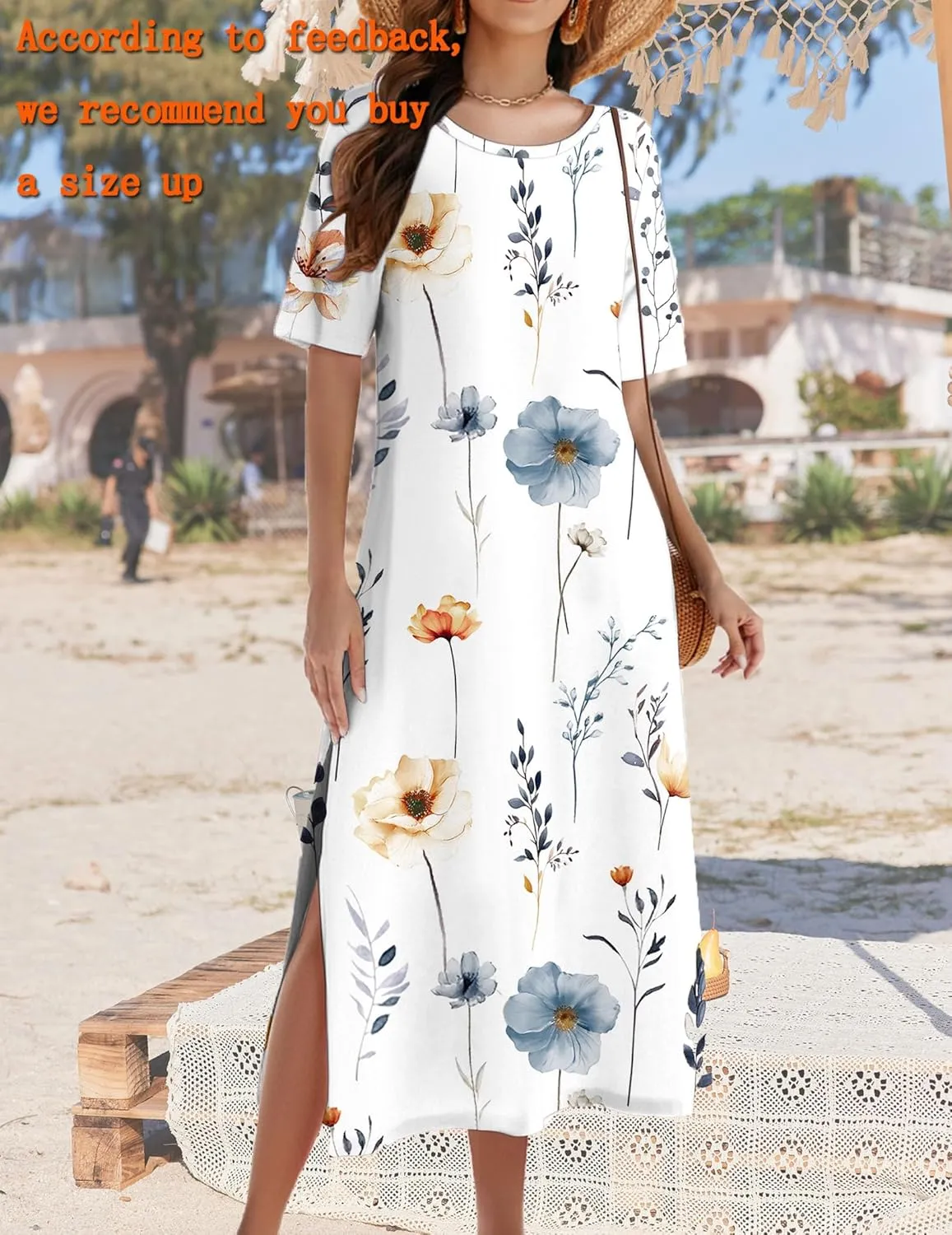 Zeagoo 2025 Vacation Dress Women Floral Summer Dress Casual Beach Dress Printed T Shirt Dress Split Long Dress Travel