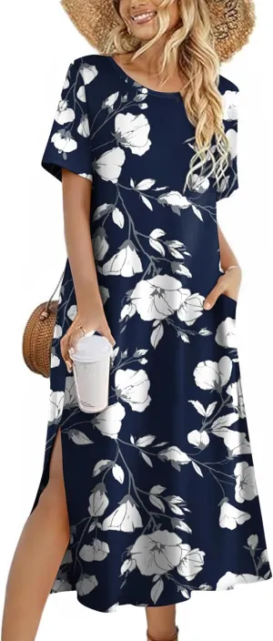 Zeagoo 2025 Vacation Dress Women Floral Summer Dress Casual Beach Dress Printed T Shirt Dress Split Long Dress Travel