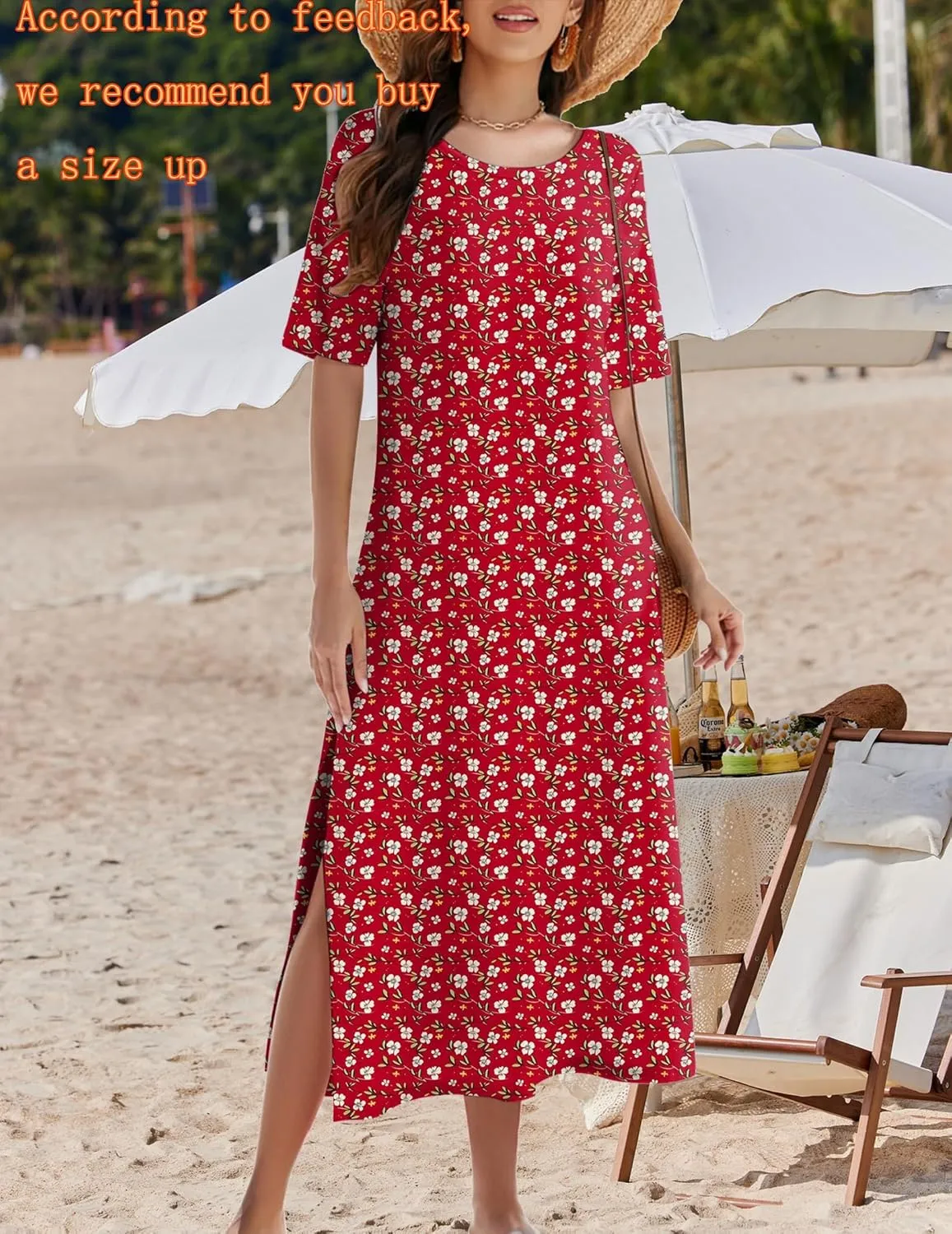 Zeagoo 2025 Vacation Dress Women Floral Summer Dress Casual Beach Dress Printed T Shirt Dress Split Long Dress Travel