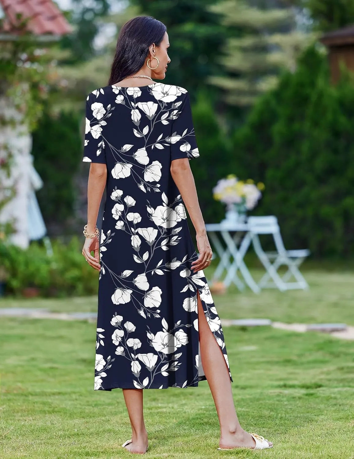 Zeagoo 2025 Vacation Dress Women Floral Summer Dress Casual Beach Dress Printed T Shirt Dress Split Long Dress Travel