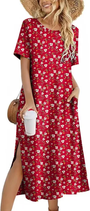 Zeagoo Women Floral Summer Dress Casual Beach Dress Printed T Shirt Dress Split Long Dress Travel 2025 Vacation Dress