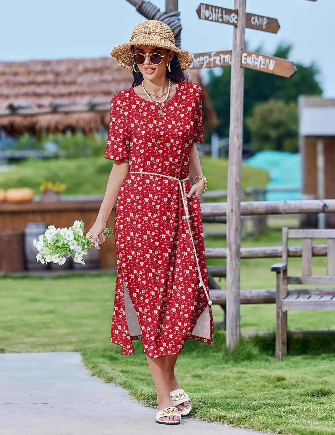 Zeagoo Women Floral Summer Dress Casual Beach Dress Printed T Shirt Dress Split Long Dress Travel 2025 Vacation Dress