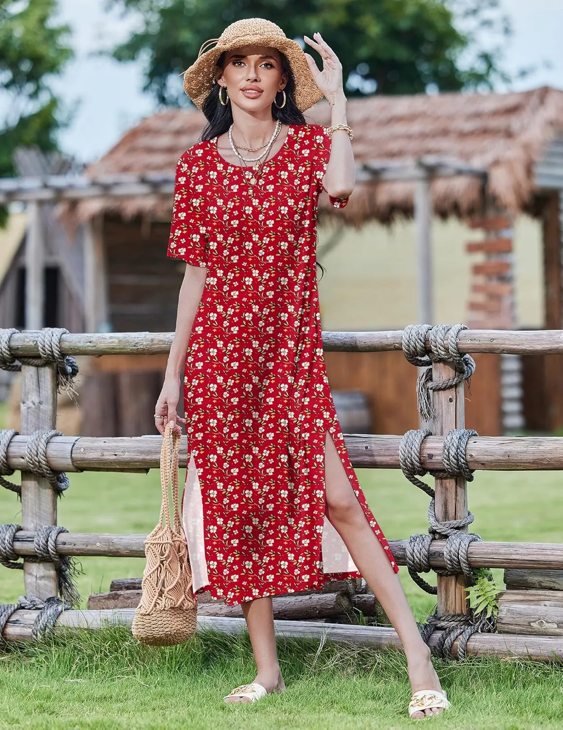 Zeagoo Women Floral Summer Dress Casual Beach Dress Printed T Shirt Dress Split Long Dress Travel 2025 Vacation Dress