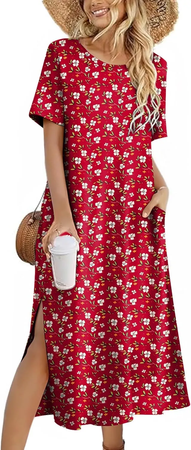 Zeagoo Women Floral Summer Dress Casual Beach Dress Printed T Shirt Dress Split Long Dress Travel 2025 Vacation Dress