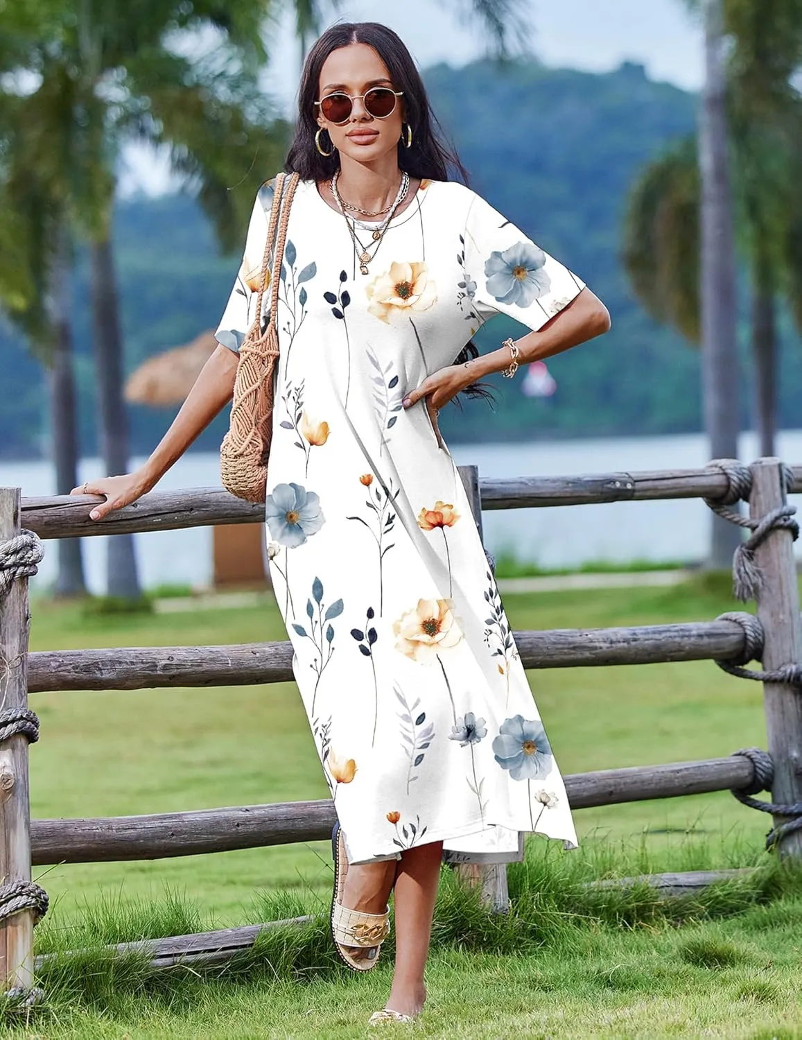 Zeagoo Women Floral Summer Dress Casual Beach Dress Printed T Shirt Dress Split Long Dress Travel 2025 Vacation Dress