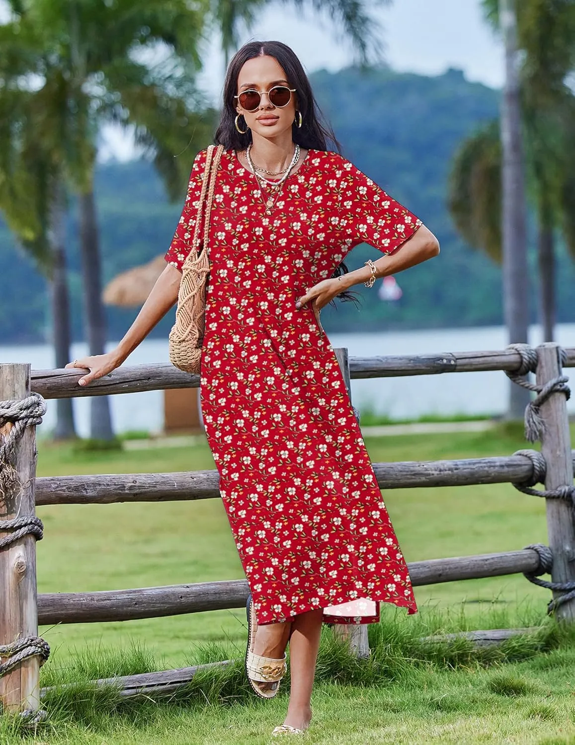 Zeagoo Women Floral Summer Dress Casual Beach Dress Printed T Shirt Dress Split Long Dress Travel 2025 Vacation Dress