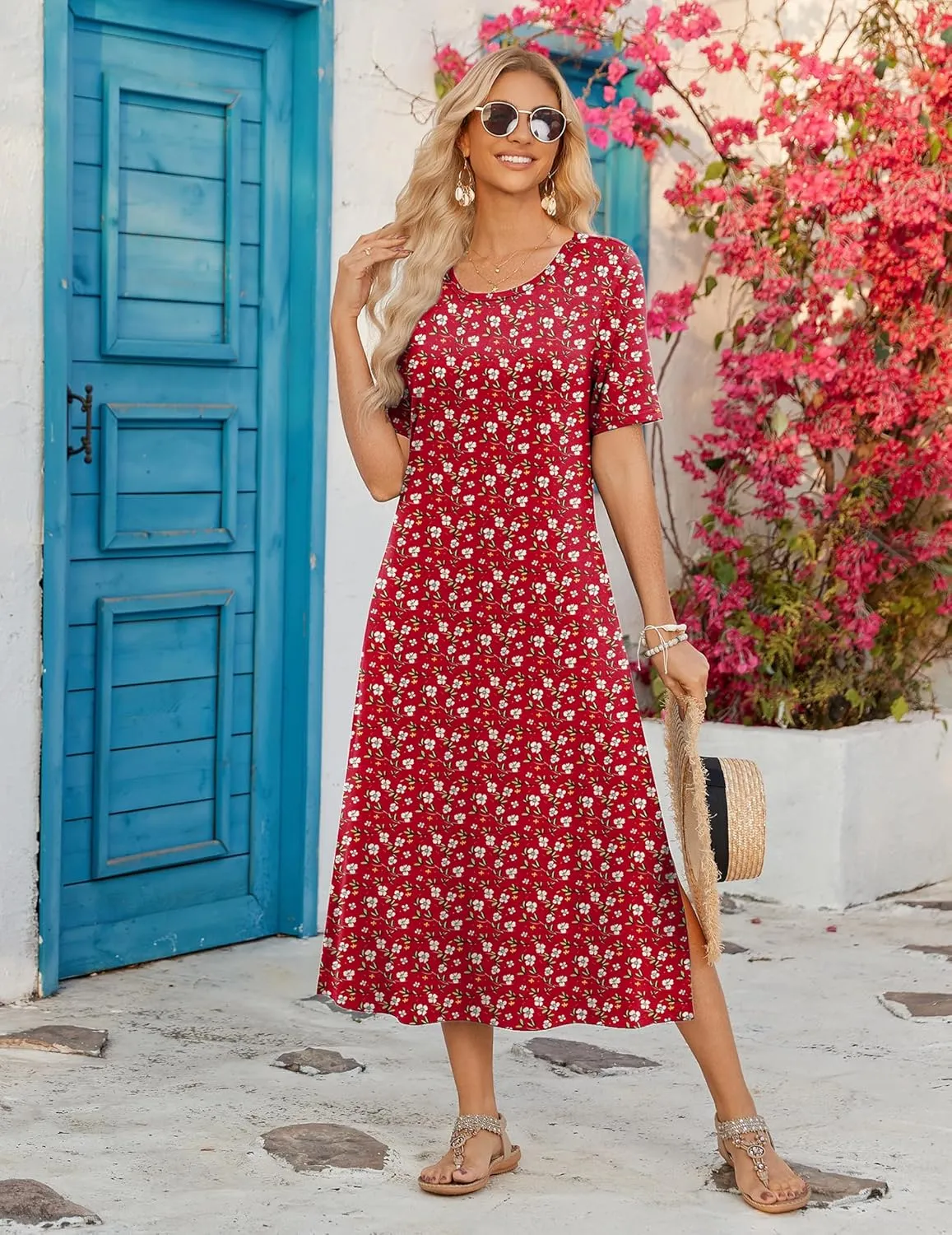 Zeagoo Women Floral Summer Dress Casual Beach Dress Printed T Shirt Dress Split Long Dress Travel 2025 Vacation Dress