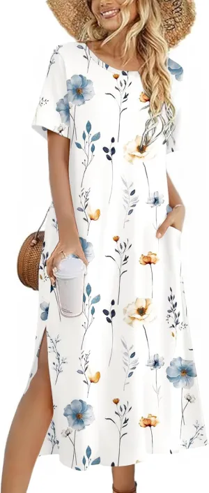 Zeagoo Women Floral Summer Dress Casual Beach Dress Printed T Shirt Dress Split Long Dress Travel 2025 Vacation Dress