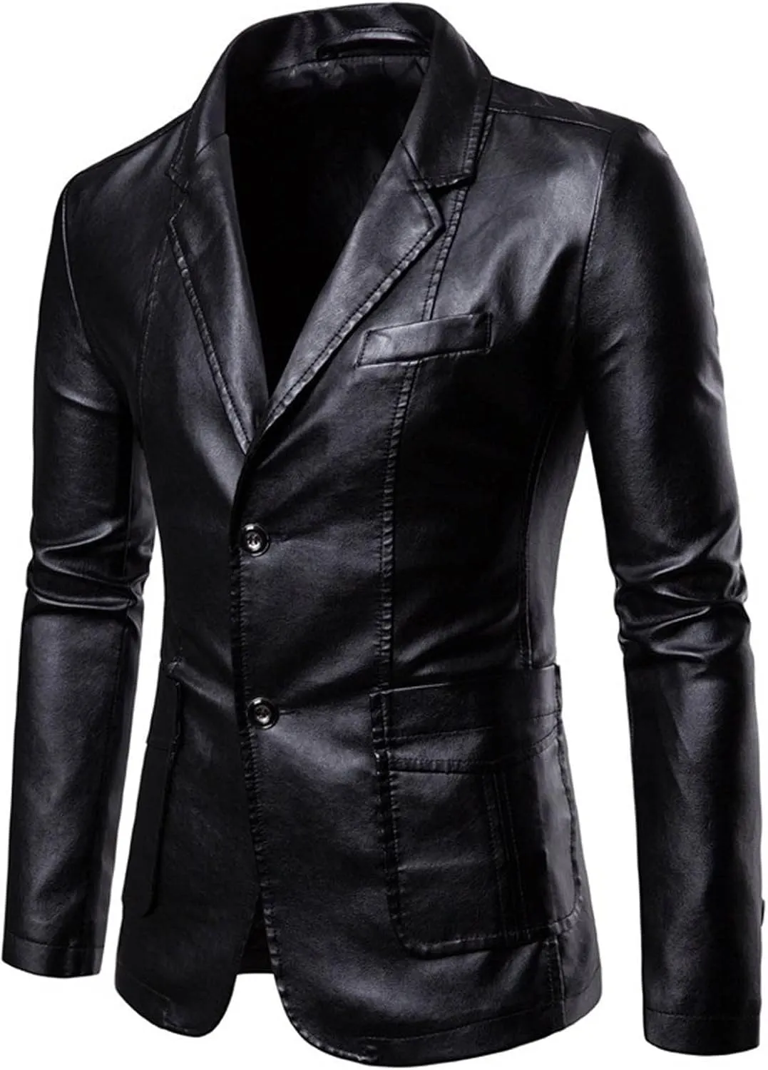 Zeiyignr Men's Faux Leather Blazer Jacket Slim Fit Notched Lapel Formal Sports Coat 2 Button Moto Pu Leather Suit Jackets