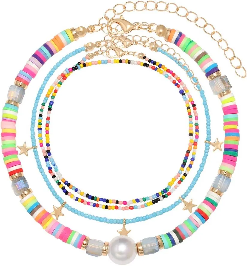 ZITULRY Multiple Colorful Beaded Anklets Bracelets for Women African Vinyl Disc Beads Foot ankle Chain Bohemian Summer Beach Rainbow Beads Ankle Bracelet Set for Girls